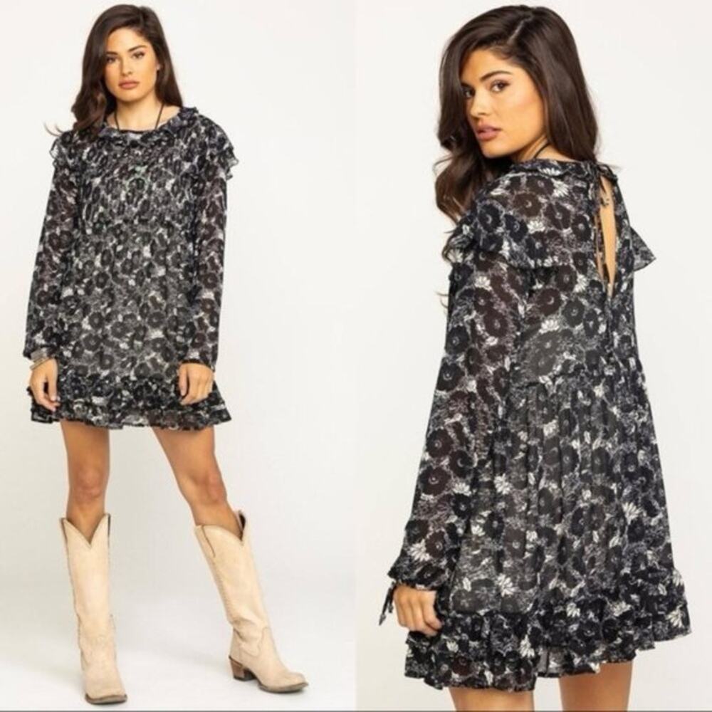 Free People These Dreams Boho Dark Floral Romantic Whimsigoth Dress‎ Black Sz XS